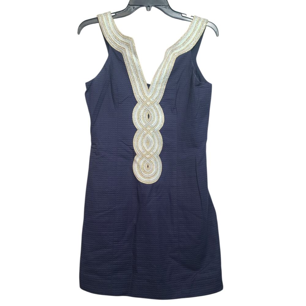 Lilly Pulitzer Valli Shift Dress True Navy Gold Soutache Trim Size 2 Cotton